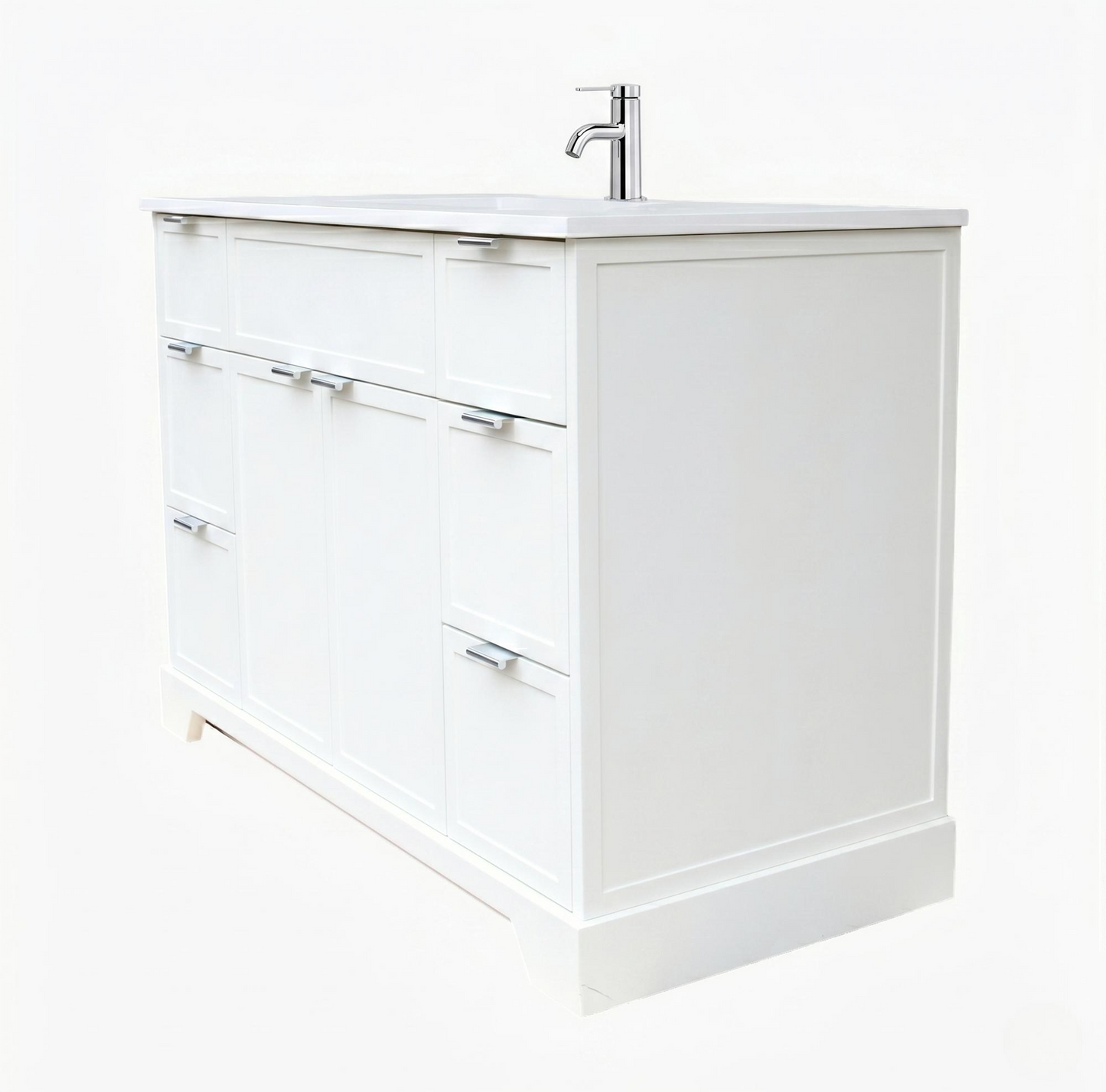 White bathroom vanity with a sink on a white background