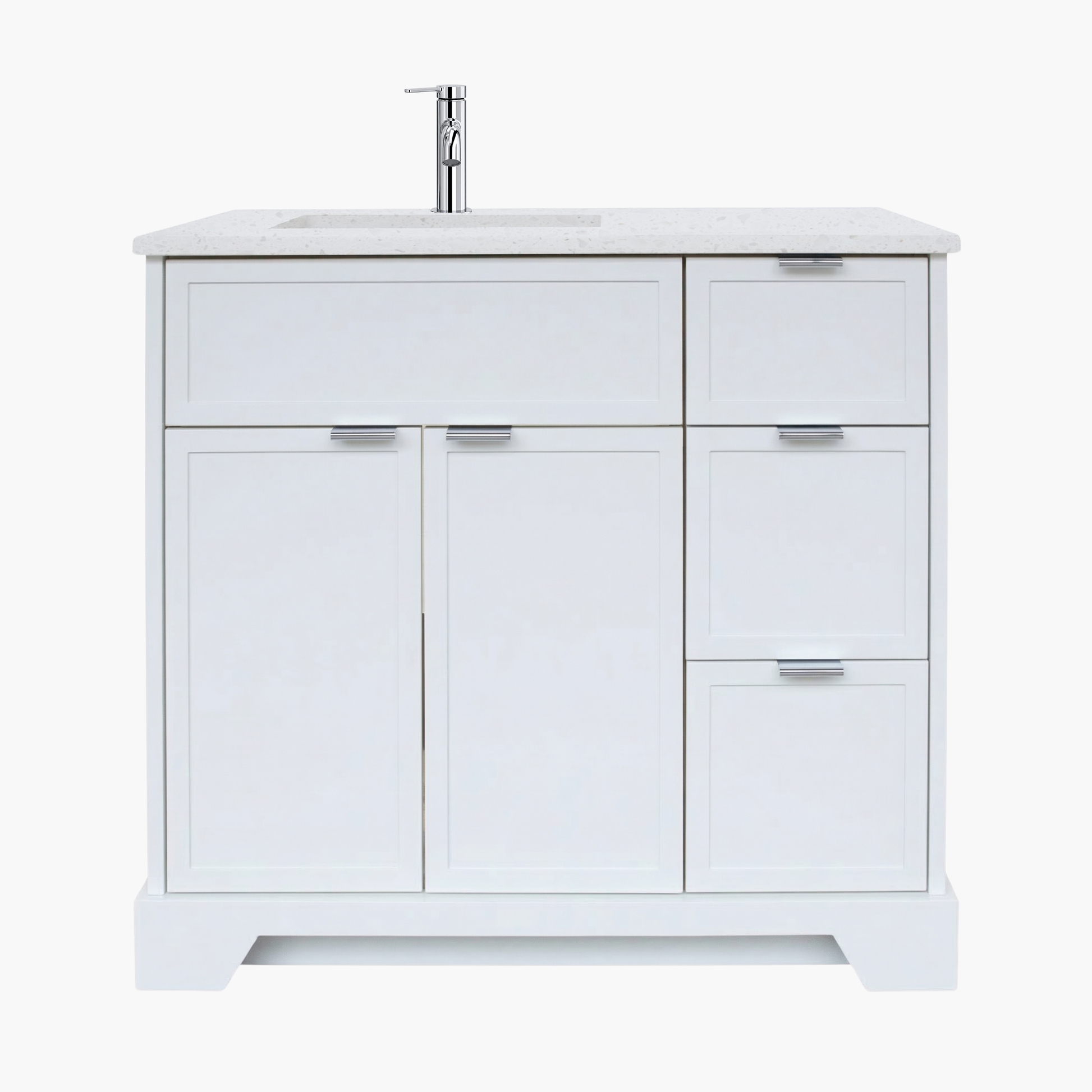 White bathroom vanity with sink on a white background
