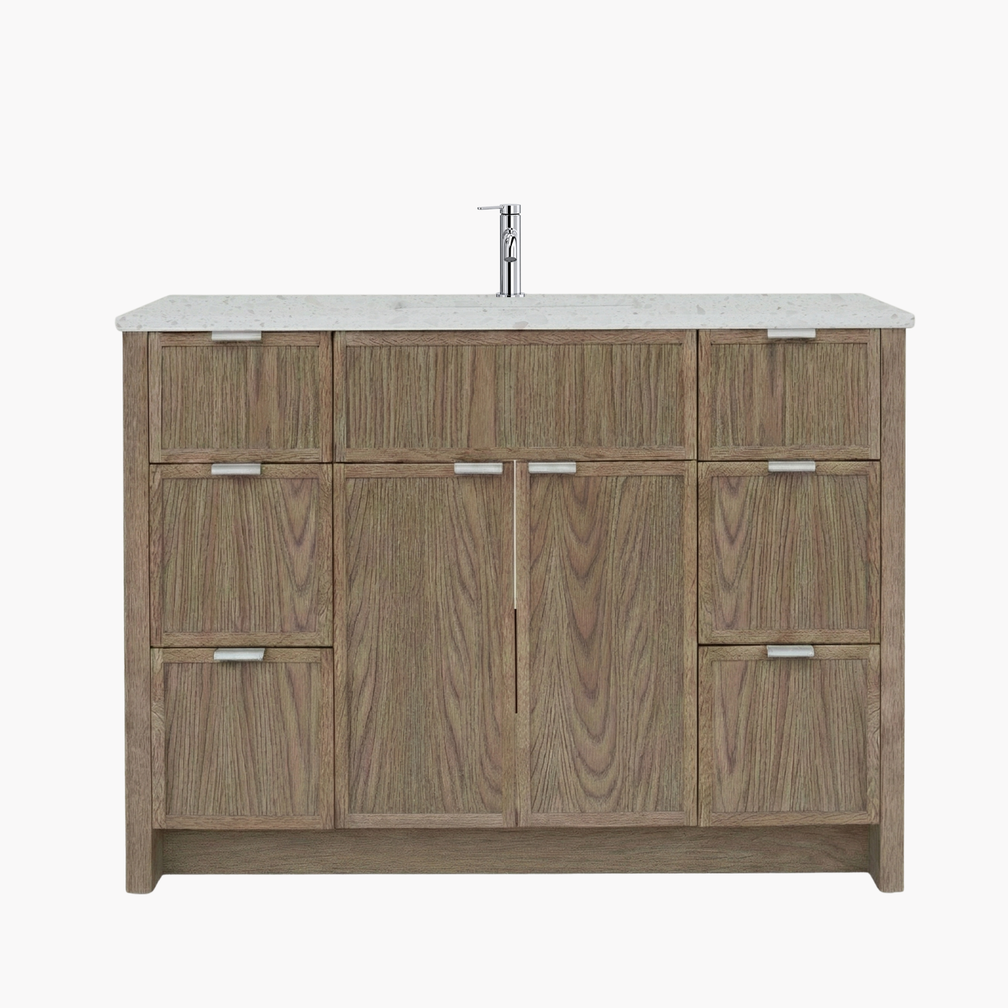Wooden bathroom vanity with white countertop and silver faucet on a white background