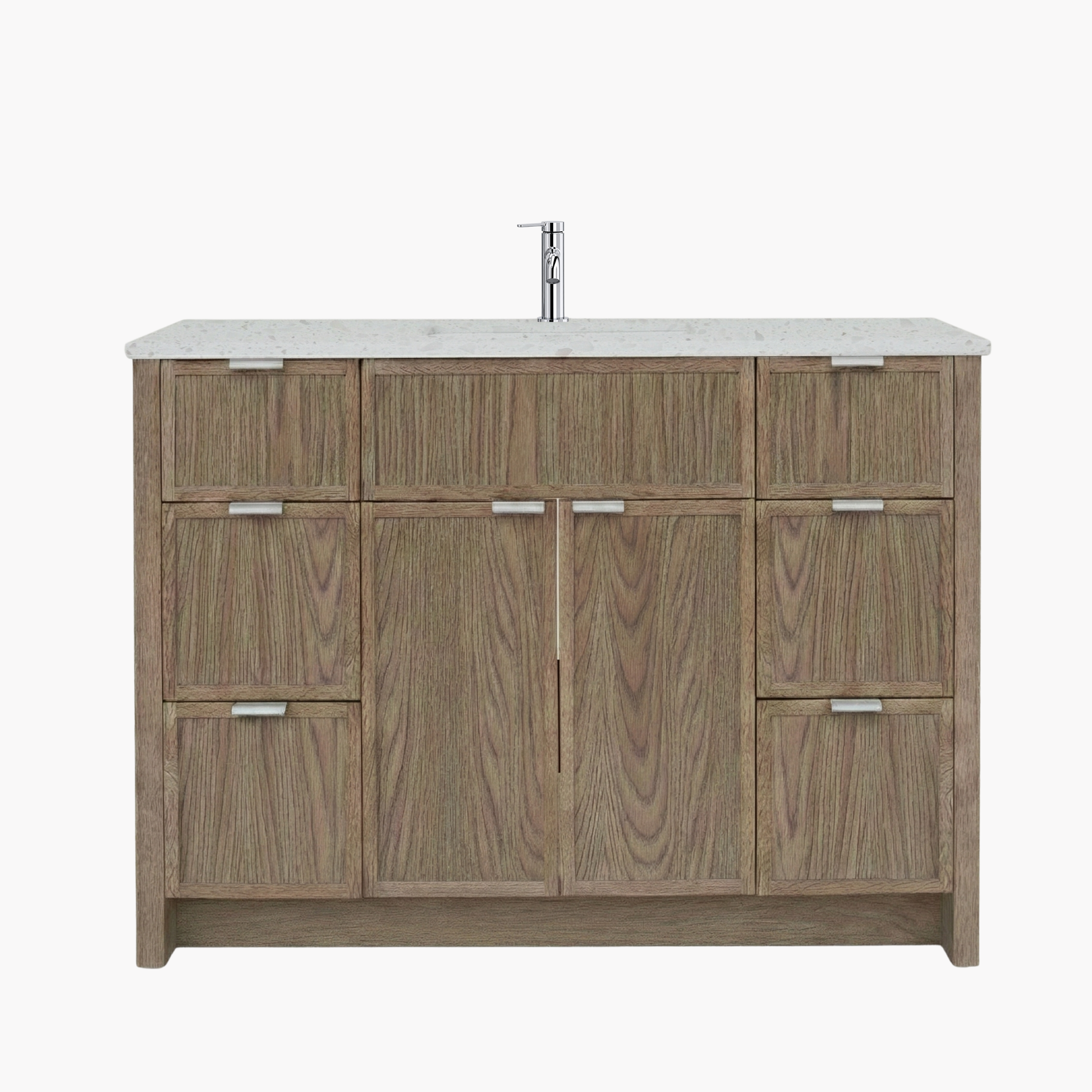 Wooden bathroom vanity with white countertop and silver faucet on a white background