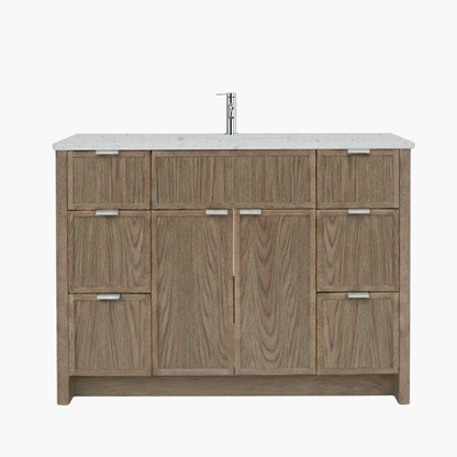 Wooden bathroom vanity with white countertop and silver faucet on a white background