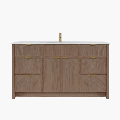 Wooden bathroom vanity with white countertop and gold fixtures on a white background